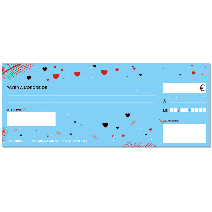 faux cheque de banque cérémonie d'amour love bleu ciel