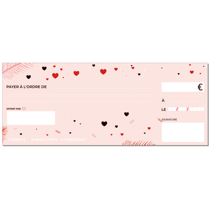 faux cheque de banque Rose pastel amour pour cérémonie