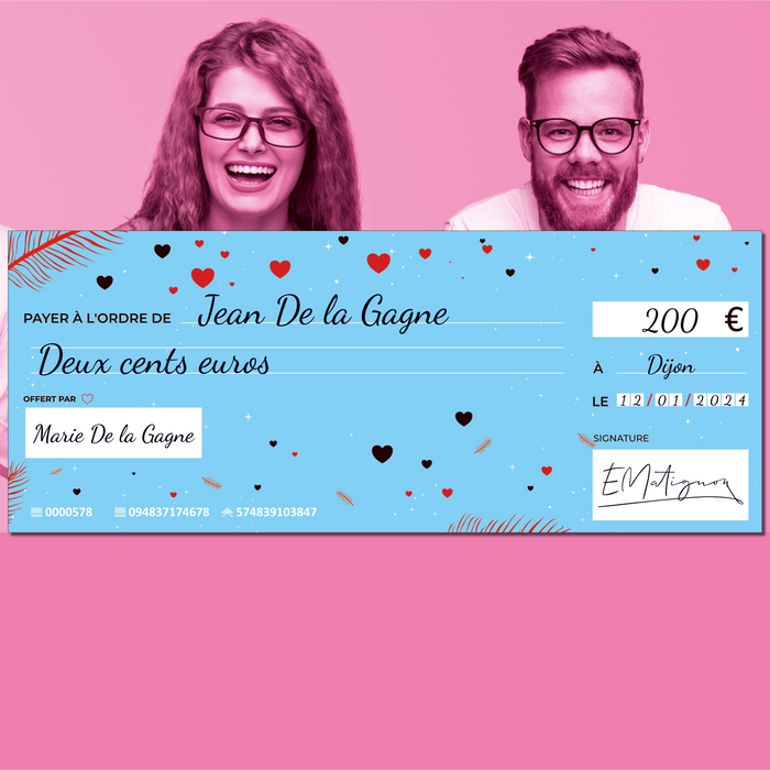 faux cheque de banque love amour bleu