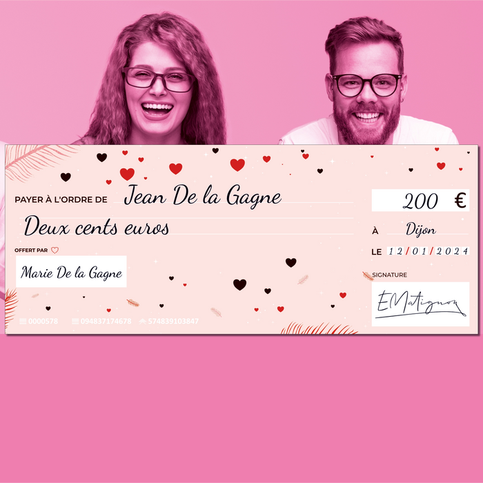 faux cheque de banque Rose pastel amour pour cérémonie