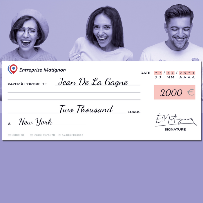 Chèque factice géant effaçable personnalisé modèle français rose