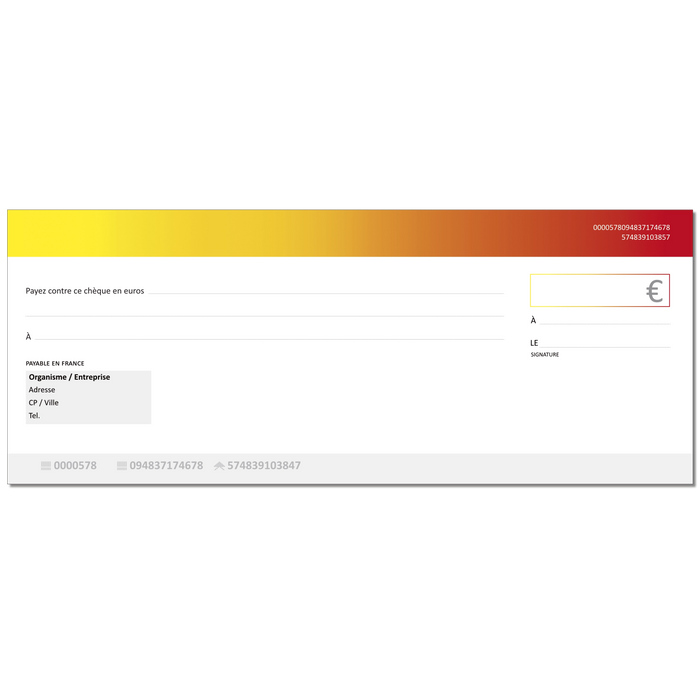 Chèque factice géant effaçable personnalisé modèle moderne jaune rouge