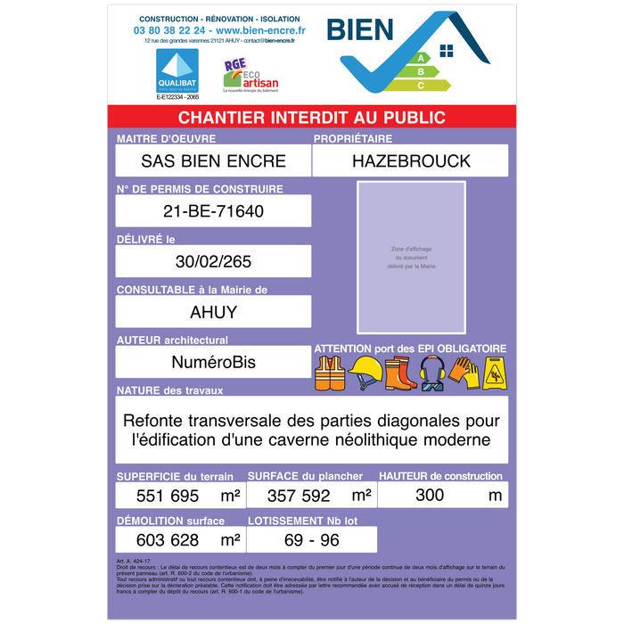 Un panneau suite à un permis de construire en ligne accordé modèle mauve