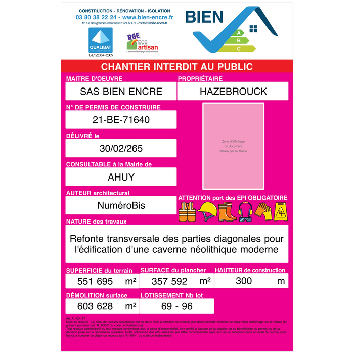Panneau suite à une demande de permis de construire dp modèle magenta