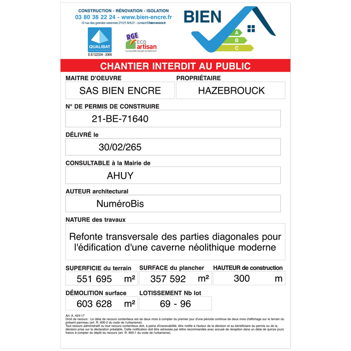 Panneau de chantier personnalisé affichage permis de construction modèle blanc