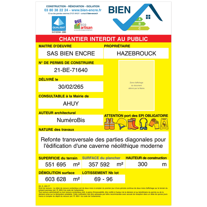 Panneau suite à une demande permis de construire dp modèle jaune