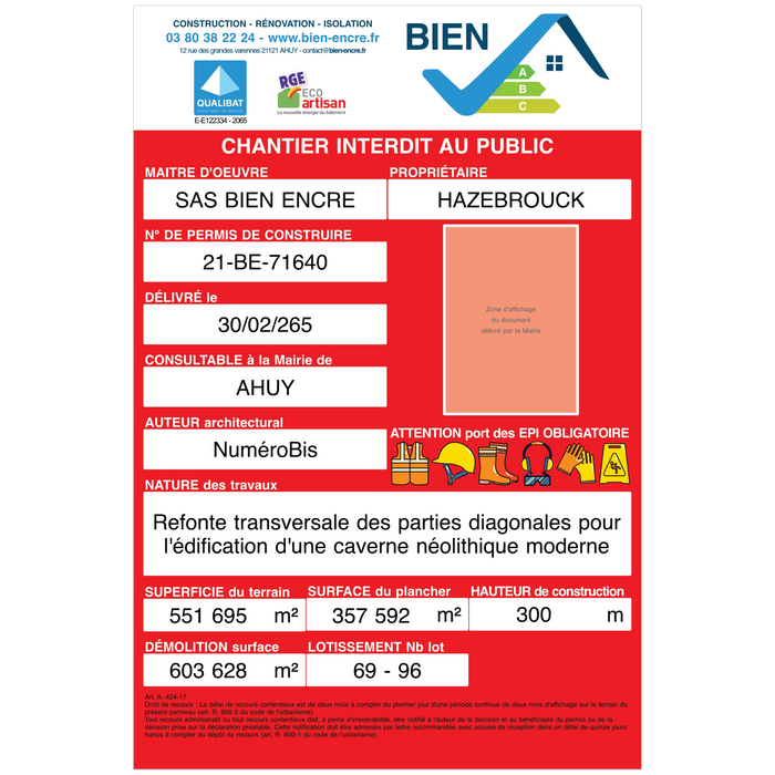 Signalisation panneaux travaux permis de construire dp modèle rouge aux normes avec éléments de sécurités EPI