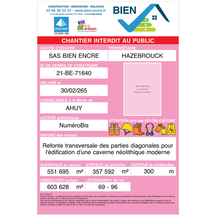 Panneau déclération préalable dp plan permis de construire modèle rose