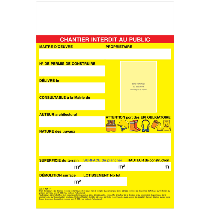 Panneau suite à une demande permis de construire dp modèle jaune