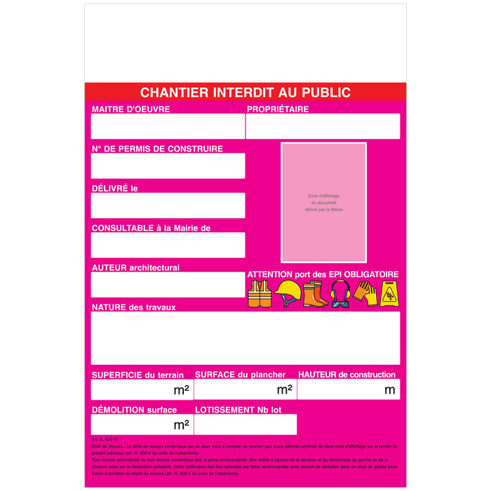 Panneau suite à une demande de permis de construire dp modèle magenta