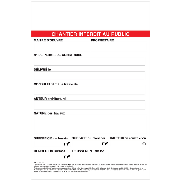 Panneau de chantier personnalisé affichage permis de construction modèle blanc