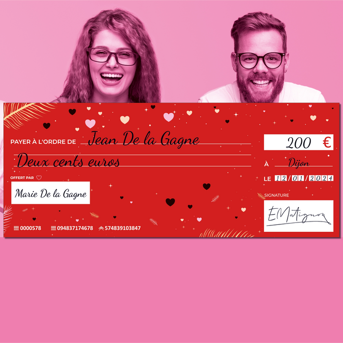 faux cheque de banque à imprimer amoureux rouge