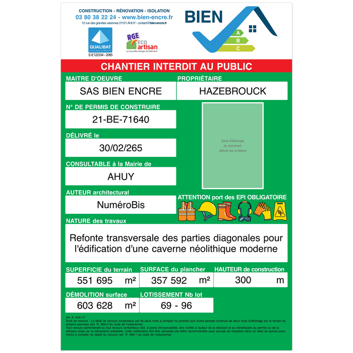 Panneau chantier affichage permis de construire modèle vert écologique