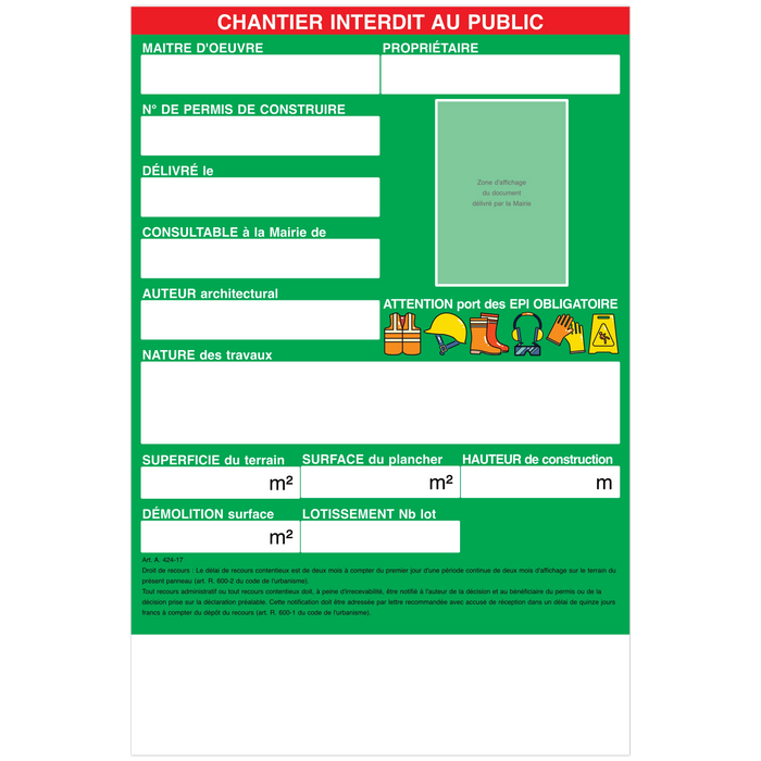 Panneau chantier affichage permis de construire modèle vert écologique
